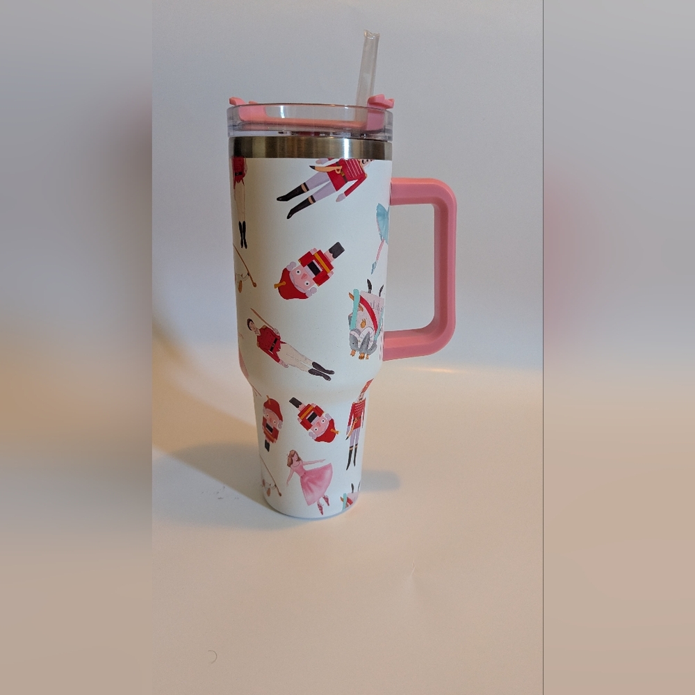 Nutcracker Themed Travel Mug with Pink Handle